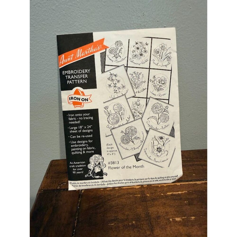 Aunt Martha's #3813 "Flower of the Month" iron-on embroidery transfer pattern.